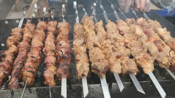 Cooking of pig meat on the metal skewers on coals — Stock Video