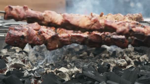 Приготовление свинины на металлических шампурах на углях — стоковое видео