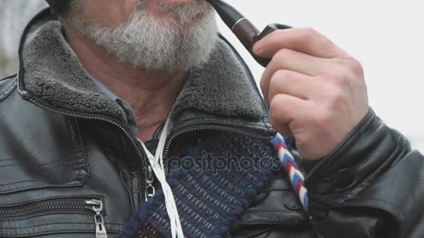 Hombre adulto con barba fuma usando pipa humeante — Vídeo de stock