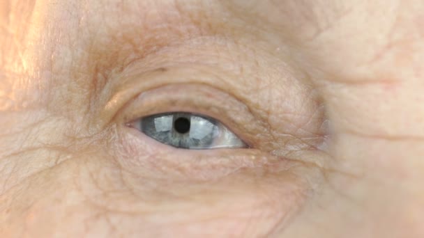 Nahaufnahme des blauen Auges einer Frau im Alter von 80 Jahren — Stockvideo