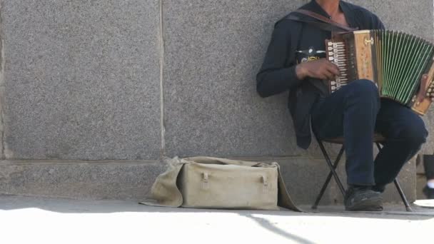 Чоловік у віці 60 років грає на акордеоні влітку на відкритому повітрі — стокове відео