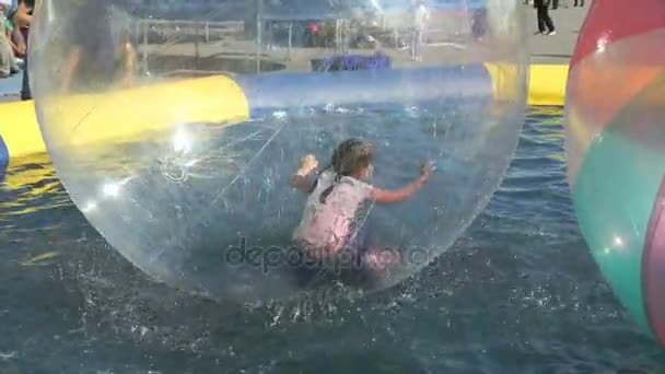 Child inside big inflatable ball on water surface — Stock Video