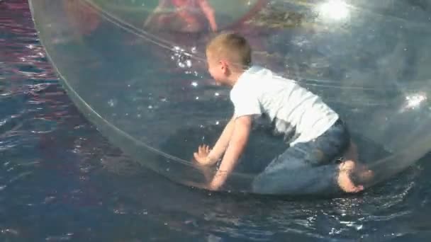 Petit garçon à l'intérieur d'une grosse boule gonflable dans l'eau — Video