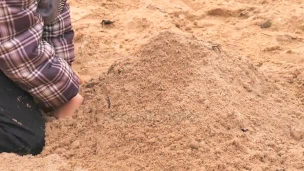 Руки маленького мальчика играют с песком — стоковое видео