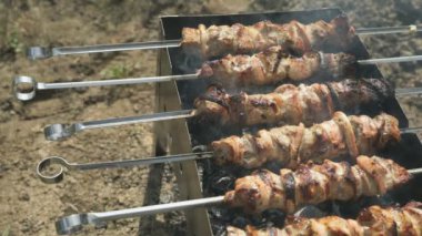 Kömürlerin üzerinde metal şiş üzerinde domuz eti yemek