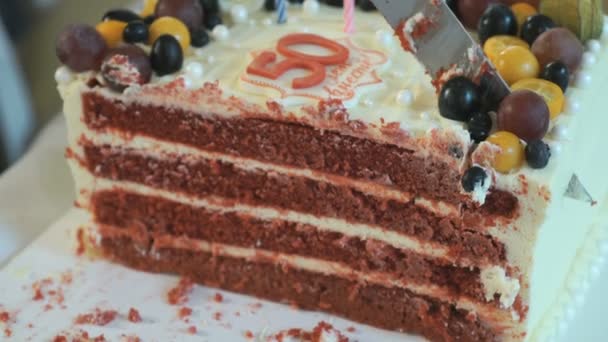 Waiter cuts the wedding cake into pieces. Close up — Stock Video