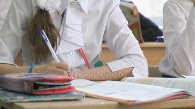 Kız bir defterini topu kalem kullanarak metni yazar