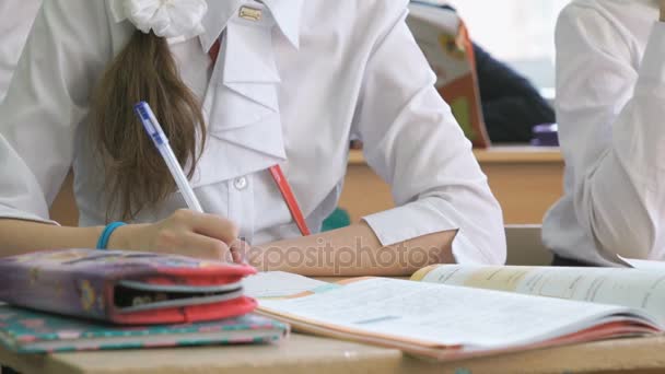 Девушка пишет текст в блокноте с помощью шариковой ручки — стоковое видео