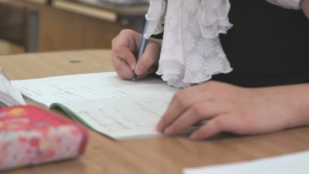 Estudiante escribe texto en un cuaderno sobre una lección — Vídeo de stock