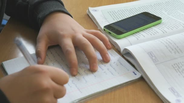 Adolescente escribe el texto en cuaderno sobre la lección — Vídeos de Stock