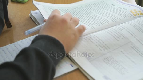 Colegial sentado en el escritorio de la escuela lee libro de texto — Vídeos de Stock