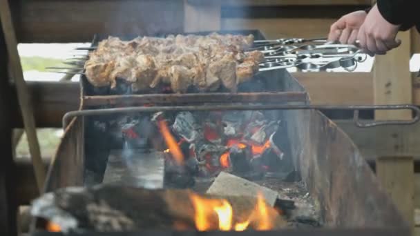 Мясо готовится на металлических шампурах на гриле — стоковое видео