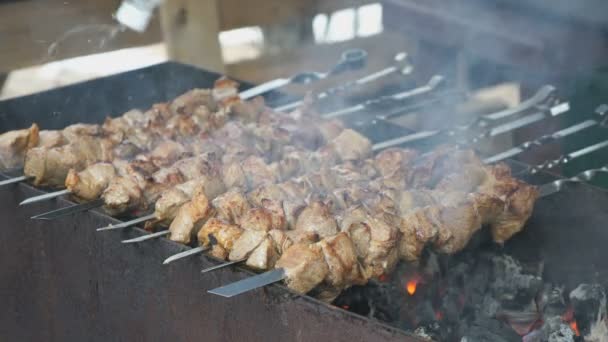 Kött är beredda på metall spett på kolen — Stockvideo