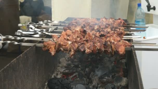 Cooking of pig meat on the metal skewers on coals — Stock Video