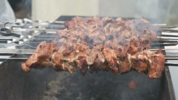 O cozinheiro pulveriza topo de água na carne — Vídeo de Stock