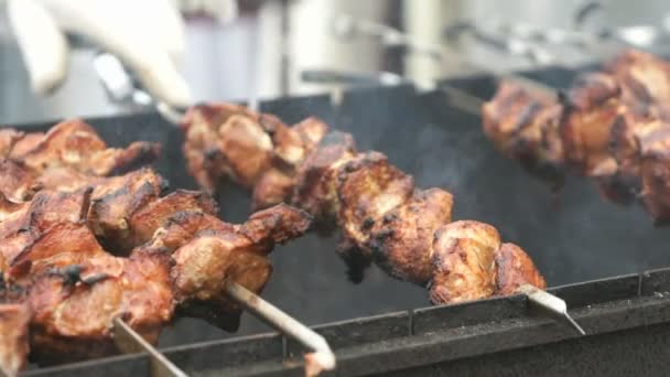 A carne é preparada nos espetos de metal em uma grelha — Vídeo de Stock