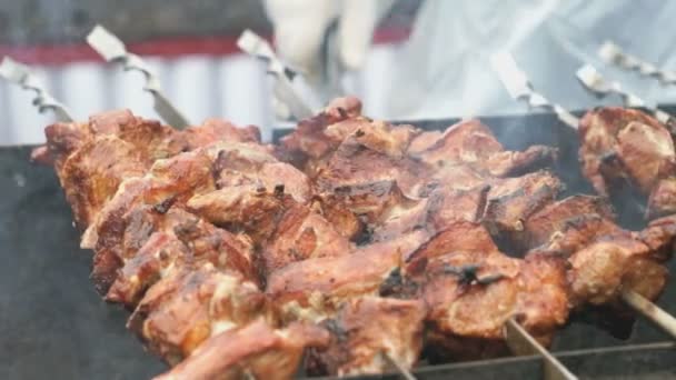 Cooking of pig meat on the metal skewers on coals — Stock Video