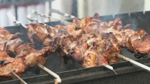 Les kebabs sont rôtis sur les brochettes métalliques sur les charbons — Video