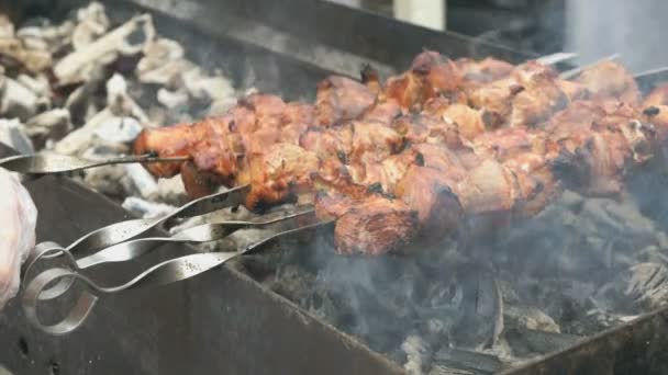 Cuisson de brochettes de porc sur des brochettes métalliques sur des charbons — Video