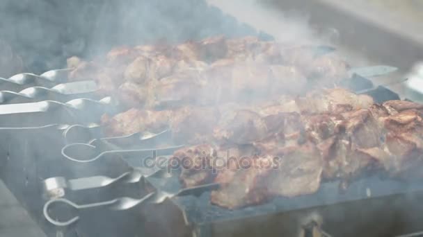 Köttet tillagas på metall spetten på en grill — Stockvideo