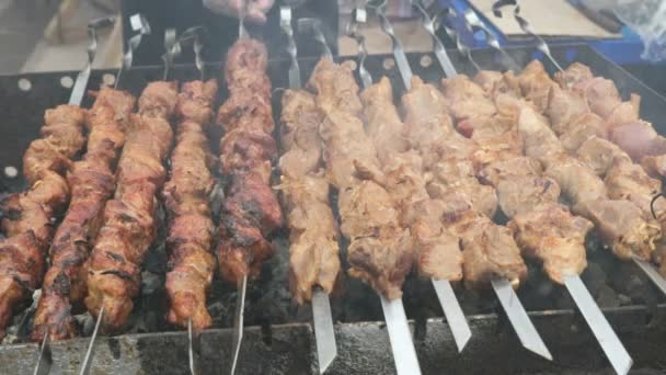 Cooking of pork shashlik on skewers on the grill — Stock Video