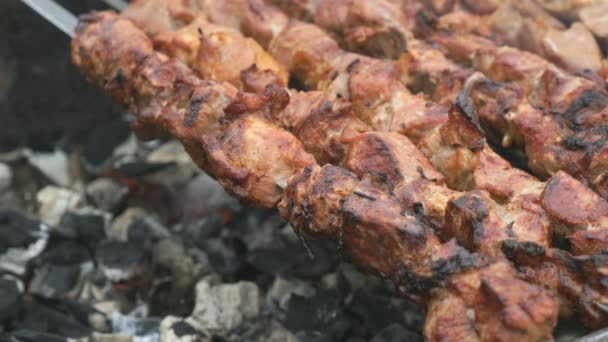 Cozinhar carne de porco nos espetos metálicos em brasas — Vídeo de Stock