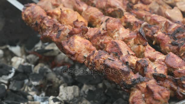 烹饪的火盆上串烧牛肉 — 图库视频影像
