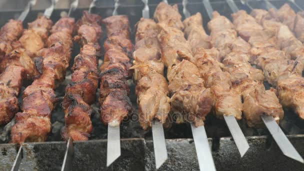 Cooking of pork skewers on metal skewers on coals — Stock Video