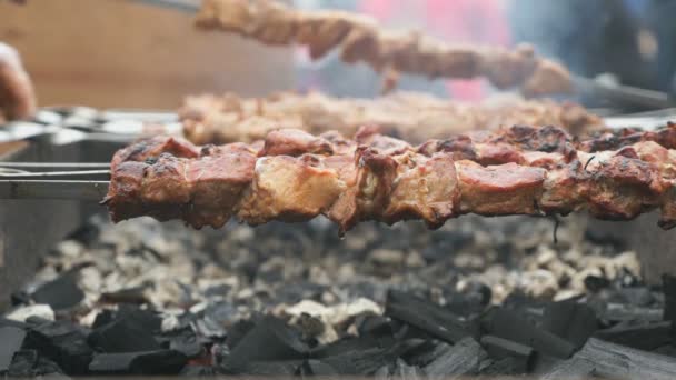 Kochen von Schweinefleisch auf Metallspießen auf Kohlen — Stockvideo