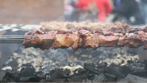 Cottura di shashlik di carne di maiale su spiedini sulla griglia — Video Stock