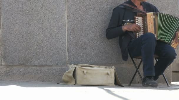 Tanned adult man plays the accordion outdoors — Stock Video