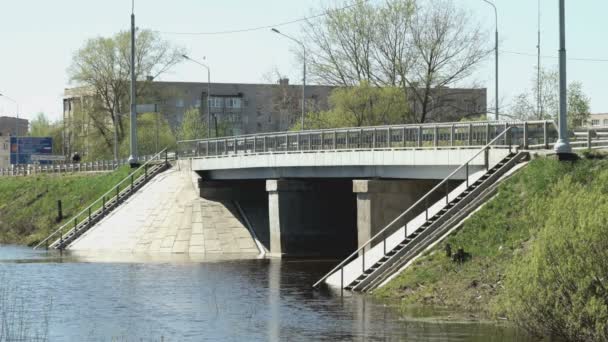 Автомобили едут по мосту через маленькую реку в солнечный день — стоковое видео