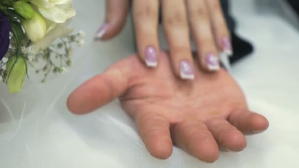 Nevěsta a ženich se mazlit s palmami — Stock video