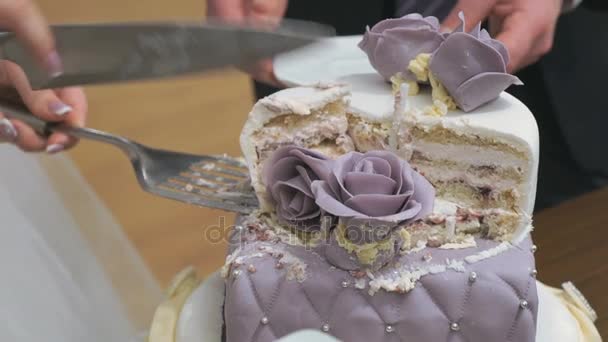 Brudgummen och bruden skär bröllopstårta på bankett — Stockvideo