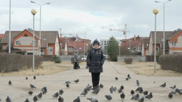 Взрослая женщина кормит стаю голубей на улице — стоковое видео