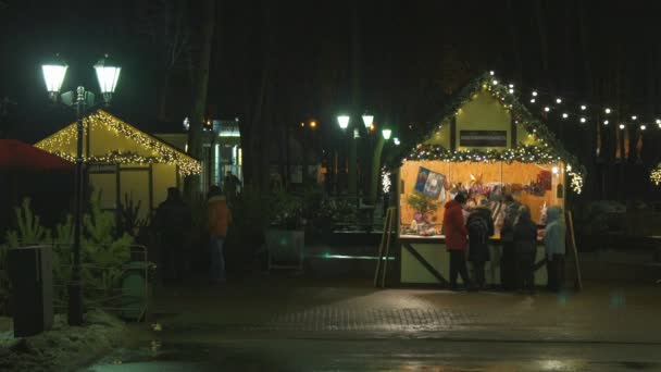 As pessoas escolhem em pavilhões decorações de Natal — Vídeo de Stock