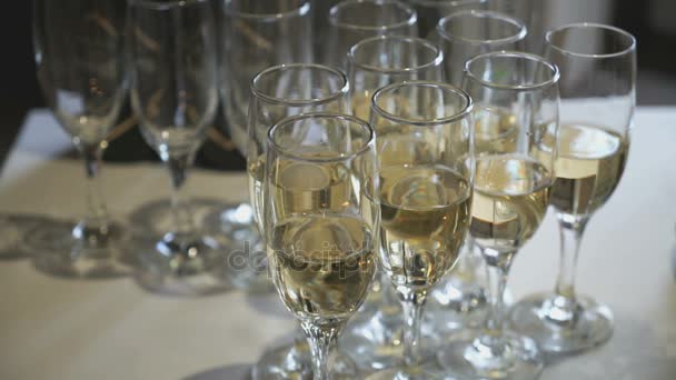 Um monte de copos com vinho espumante na mesa — Vídeo de Stock