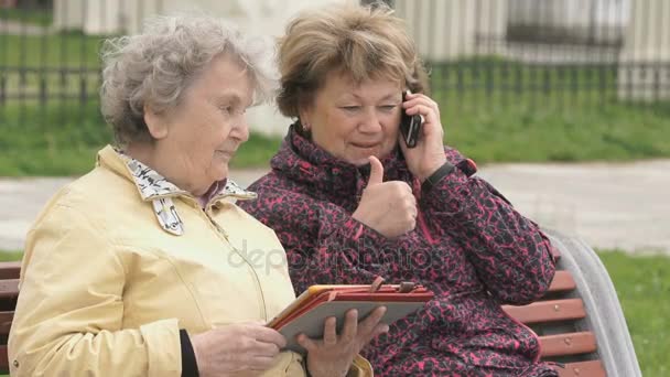 Dos mujeres se sientan y discuten sobre la naturaleza al aire libre — Vídeo de stock