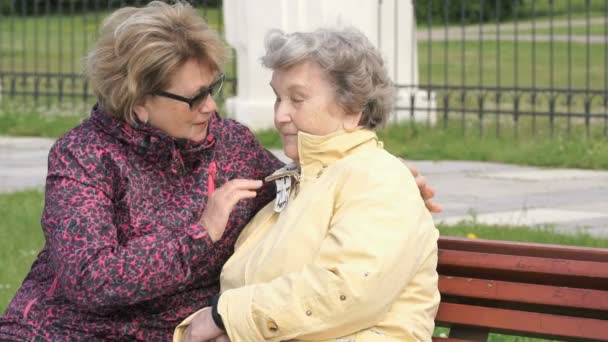 Frau beruhigt alte Frau bei Stress im Freien — Stockvideo