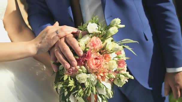 Mãos da noiva e noivo com anéis de casamento — Vídeo de Stock