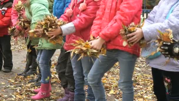 I bambini tengono nelle loro mani fogliame giallo — Video Stock