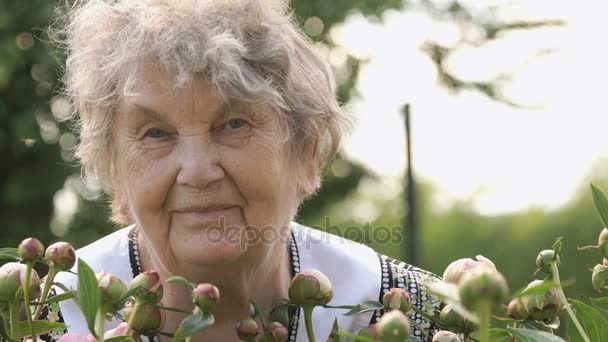 Retrato de velha mulher sorridente no parque — Vídeo de Stock