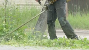 Bahçıvan bir çim biçme açık havada kullanarak keser