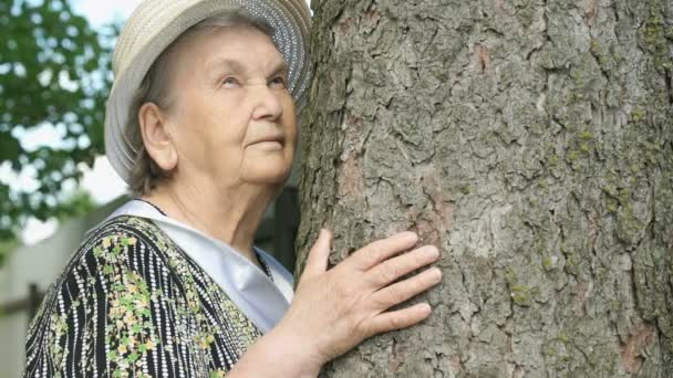 Літні люди обіймають стовбур дерева своїми руками в лісі — стокове відео