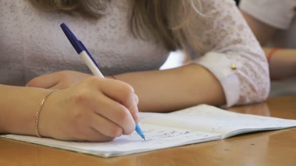 Estudiante escribiendo texto en libro de ejercicios. Primer plano — Vídeo de stock