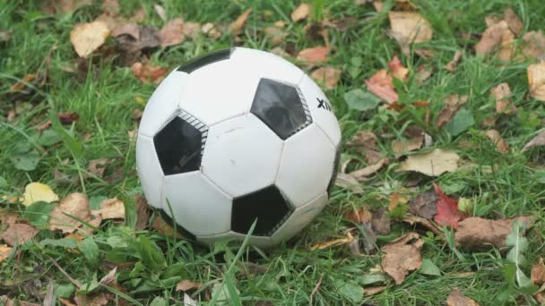 Маленький хлопчик вдарив ногу на футбольний м'яч на відкритому повітрі — стокове відео