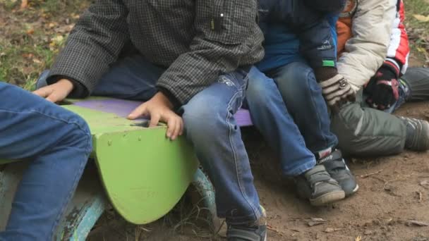 Gruppo di bambini che cavalcano l'altalena seduti insieme — Video Stock