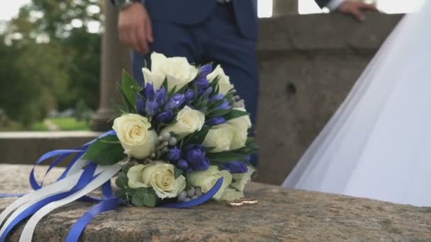 Primer plano de las manos de los novios al aire libre — Vídeo de stock