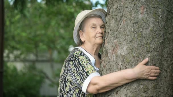 Пожилые обнимают дерево ствол ее руки в лесу — стоковое видео