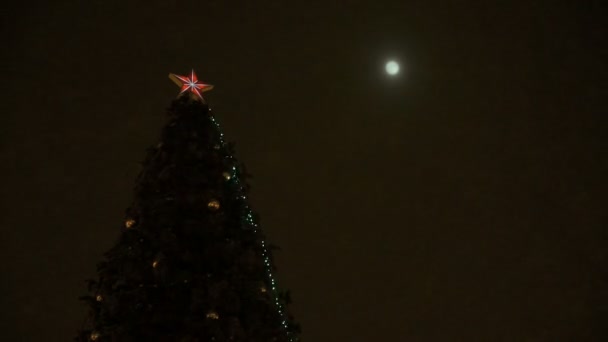 Kerstboom knipperen tegen de maan — Stockvideo
